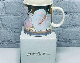 Laurel Burch Coffee Mug Anthurium Pastel Floral Cup Gold Accents Japan 14oz