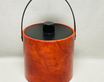 Mid-Century Modern Irvinware Ice Bucket - Orange-Brown Marble Vinyl Exterior