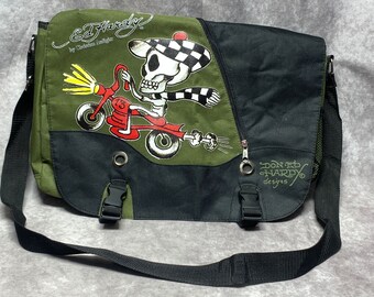 Vtg Ed Hardy Green Messenger Laptop Bag by Christian Audigier Skeleton Canvas