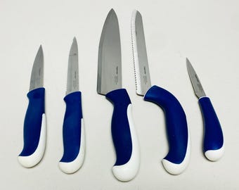 Tupperware 5-Piece Knife Set Stainless Steel Blades Blue & White Handles USA