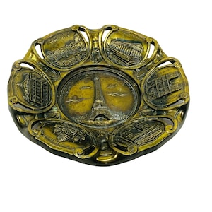 Vintage Paris France Brass Heavy Souvenir Plate Ashtray Eiffel Tower Landmarks