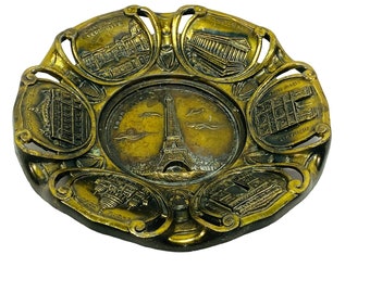Vintage Paris France Brass Heavy Souvenir Plate Ashtray Eiffel Tower Landmarks