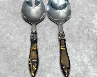 Vintage Stainless Steel Salad Servers With Faux Tortoiseshell Handles 10"