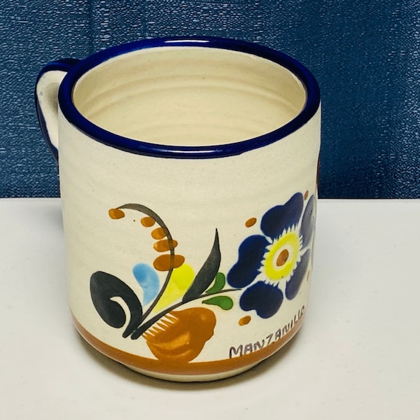 Mexican Pottery Mug with hand painted Floral Pattern Manzanillo Mexico