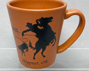 Western Terracotta Mug 12 Oz Cowboy Design TM Eagle USA Heppner OR Rodeo Theme