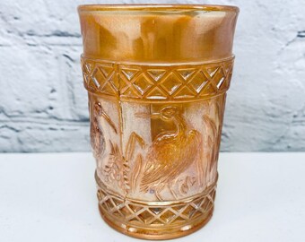 Vintage Dugan Storks and Rushes Lattice Marigold Carnival Glass Tumbler