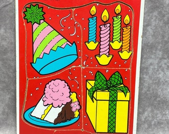 Rompecabezas de madera vintage de Playskool 1986 con texto "Happy Birthday" (4 piezas), de 1 a 3 años
