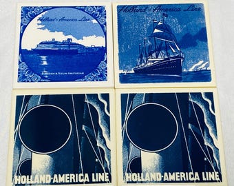 Holland-America Line Tile Coaster Set Of 4 Cruise Art Deco Ceramic Cork Backed