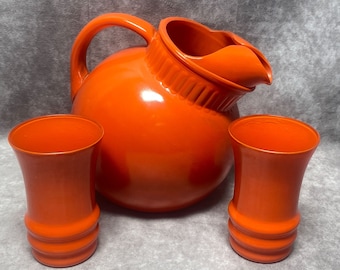 Vintage Anchor Hocking Tilt Ball Orange Ceramic Pitcher Jug  & Tumblers Set