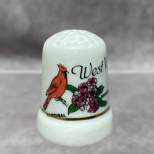 West Virginia Souvenir Porcelain Thimble With Cardinal & Rhododendron Design