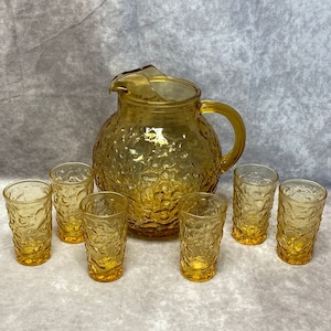 Mid Century Honey Gold Milano Anchor Hocking Ball Pitcher With 6 Juice Glasses zdjęcie 1