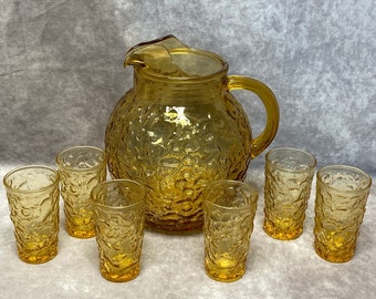 Mid Century Honey Gold Milano Anchor Hocking Ball Pitcher With 6 Juice Glasses