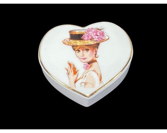 Vintage Heart Shaped Candle Trinket Box Porcelain Lady in Hat Japan