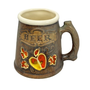 Vintage Treasure Craft Beer Mug Tree Trunk Wood Design Fall Leaves Apple 70s