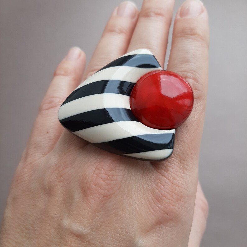 Bold Statement Ring Striped Black and White Rings Modern Art Etsy