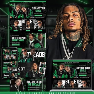 May include: A website design for a clothing brand called "Street Threads". The website features a green and black color scheme with images of men wearing clothing from the brand. The website also includes text that says "Elevate Your Style" and "Outfit on Point, Drippy Vibes".