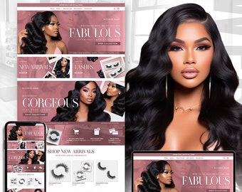 Op de afbeelding: Homepage van een website voor een bedrijf dat haarverlengingen en wimpers verkoopt. De website heeft een roze-wit kleurenschema met afbeeldingen van modellen die de producten dragen. De website bevat ook tekst zoals "Fabulous", "Gorgeous", "Nieuwe aankomsten" en "Shop Collection".