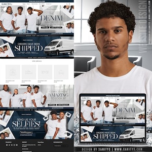 May include: A website design for a clothing company called "Glam Clothing". The website features a white background with blue accents and a variety of images of people wearing the company's clothing. The website also includes text that says "The Denim Favorites", "Orders Have Been Shipped", and "Send Us Your Selfies!"