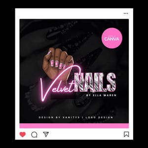 May include: Pink and black graphic design for a nail salon. The words "Velvet Nails" are in a neon pink font, with the word "nails" in a silver, textured font. The design includes a hand with pink nails and the text "by Ella Maren".