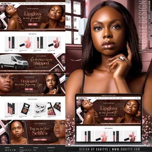 Cosmetics Website design for the Shopify platform. Shopify Theme for cosmetics, makeup, and lipgloss Websites and businesses. Brown- themed website design with rose gold accents and African American women models.