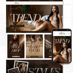 May include: Website homepage featuring a woman in a beige dress and boots, with the word "TREND" in large letters. The site showcases new arrivals and a "SHOP COLLECTION" button. A mobile phone displays the same design.