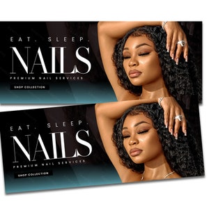 A nail website banner for a Shopify store. Suitable for any nail-related business, including press-on nails, nail tech, and so on. Includes models and photos suited for a nail business.