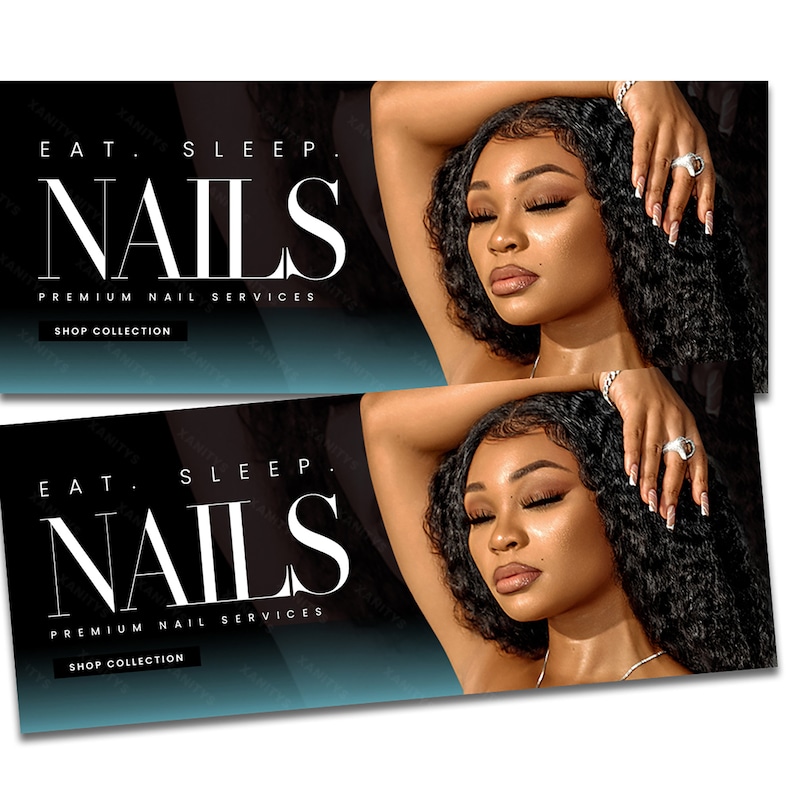 A nail website banner for a Shopify store. Suitable for any nail-related business, including press-on nails, nail tech, and so on. Includes models and photos suited for a nail business.