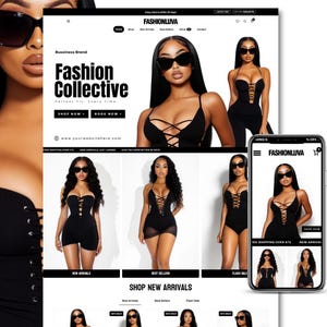 May include: A website interface for FashionLuva featuring a Fashion Collective header, navigation menu, and multiple images of a model wearing a black lace-up bodysuit. The layout includes shop buttons, a mobile phone view, and product categories.