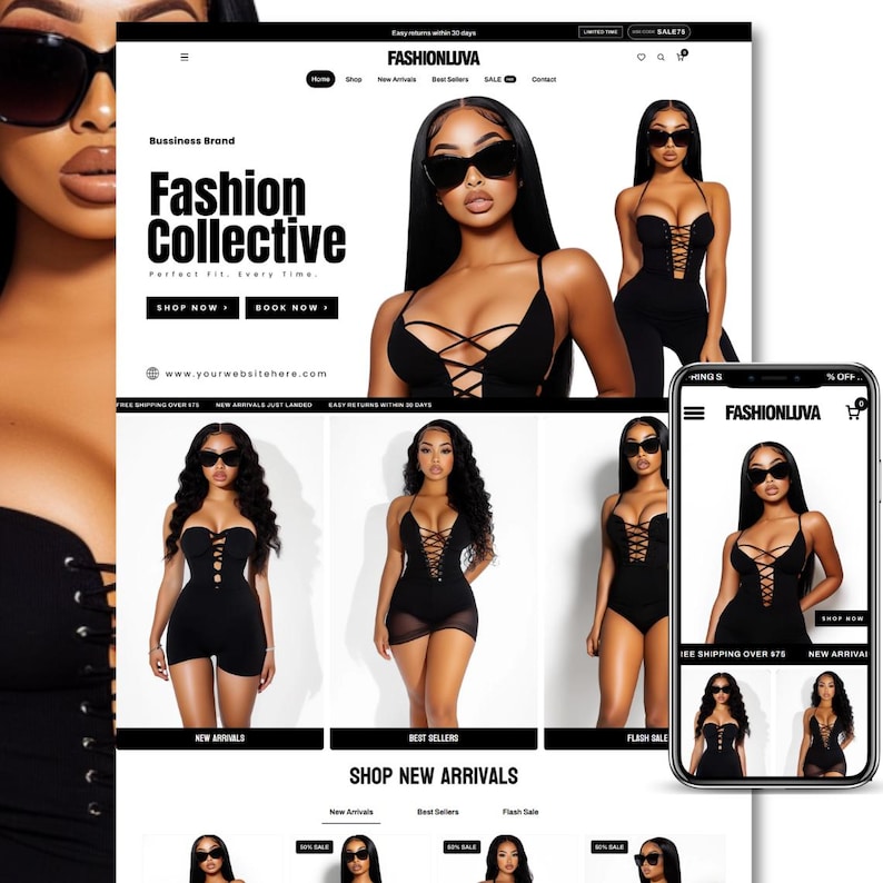 May include: A website interface for FashionLuva featuring a Fashion Collective header, navigation menu, and multiple images of a model wearing a black lace-up bodysuit. The layout includes shop buttons, a mobile phone view, and product categories.