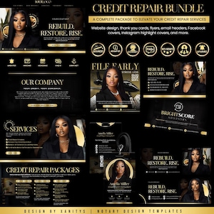 May include: A black and gold credit repair bundle design with a woman's image. The design includes website elements, thank you cards, flyers, and social media templates. Text includes "Rebuild, Restore, Rise" and "Credit Repair Bundle."