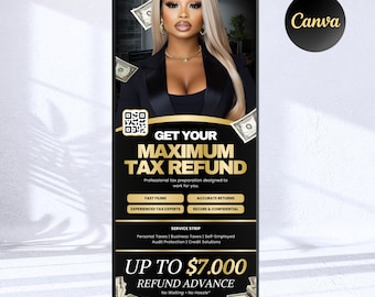 May include: A promotional banner with a woman in a black blazer, featuring the text "GET YOUR MAXIMUM TAX REFUND." The banner includes a QR code, dollar bills, and information about tax preparation services.