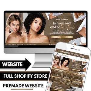 May include: A computer screen and a mobile phone display a website for a beauty and wellness brand called "Glam Collections". The website features a sale with 15% off all items. The website has a brown and gold colour scheme and features images of women using beauty products. The text on the website says "be your own kind of beautiful".