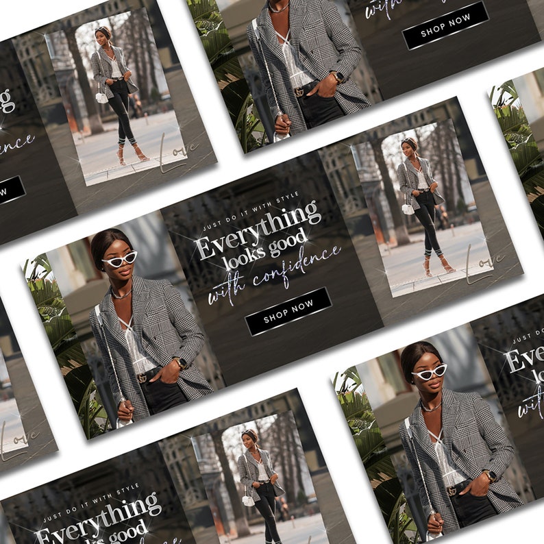 A premade Shopify theme for a clothing business type with clothing graphic designs and model photos. Includes banner texts saying EVERYTHING LOOKS GOOD WITH CONFIDENCE. Shopify website design perfect for clothing and fashion stores.