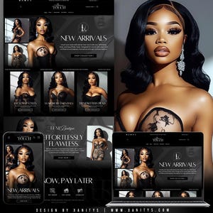 May include: A website design showcasing a woman in lingerie, with the text "NEW ARRIVALS" and "EFFORTLESSLY FLAWLESS." The design includes a laptop, phone, and other images. The website is for a lingerie boutique.