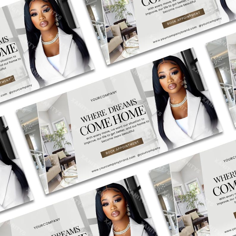 Peut inclure: Image promotionnelle avec une femme en blazer blanc et le texte &laquo;&nbsp;WHERE DREAMS COME HOME&nbsp;&raquo;. L'image comprend &eacute;galement une adresse de site Web et l'expression &laquo;&nbsp;BOOK APPOINTMENT&nbsp;&raquo;.