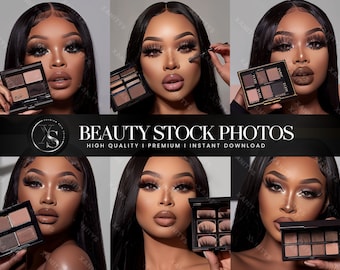May include: A composite image of a woman with dark hair and professional makeup, holding and using various eye shadow palettes and false eyelashes. The text "BEAUTY STOCK PHOTOS" is displayed, along with "HIGH QUALITY | PREMIUM | INSTANT DOWNLOAD".