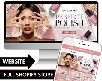May include: A computer screen and a mobile phone display a website for a nail polish company called "Perfect Polish Nail Collection". The website features images of nail polish bottles and a model with manicured nails. The text "Shop Now" is displayed on the website.