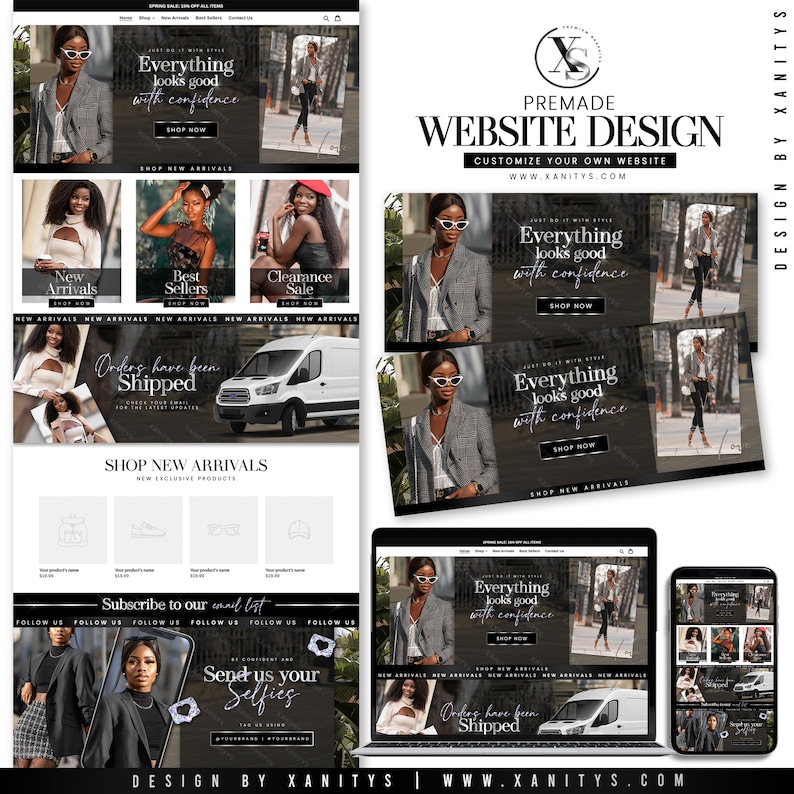 Clothing Website design for the Shopify platform. Shopify Theme for clothing Websites and businesses. Black and silver-themed website design with African American women model photos included.