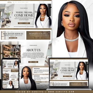 Peut inclure: Conception de site web pour une entreprise immobili&egrave;re, avec une femme en blazer blanc et collier de diamants. Le design comprend le texte "Where Dreams Come Home" et des sections pour les services immobiliers et les conseils immobiliers.