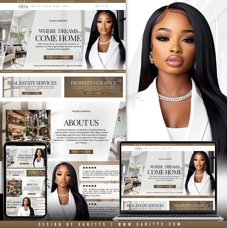 Peut inclure: Conception de site web pour une entreprise immobili&egrave;re, avec une femme en blazer blanc et collier de diamants. Le design comprend le texte "Where Dreams Come Home" et des sections pour les services immobiliers et les conseils immobiliers.