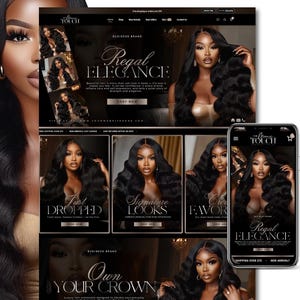 May include: A website interface for The Manic Touch featuring long, wavy black hair extensions. The layout displays multiple images of a person with dark skin and long hair, with text overlays including Regal Elegance, Just Dropped, and Own Your Crown.