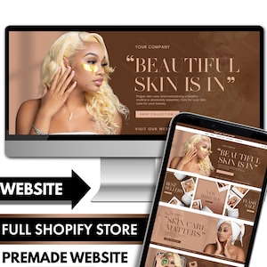 Pode incluir: Uma maquete de site para uma empresa de cuidados com a pele com o texto "Beautiful Skin Is In" e "Skin Care Matters". O site apresenta uma variedade de produtos, incluindo cuidados com a pele, maquiagem e cuidados com os cabelos.