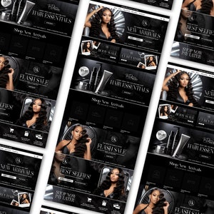 May include: A website homepage for a hair care company featuring a black and white color scheme. The website features images of women with long, curly hair, and products such as hair extensions, hair care products, and hair tools. The website also features text such as "Hair Essentials", "Shop New Arrivals", and "Flash Sale".