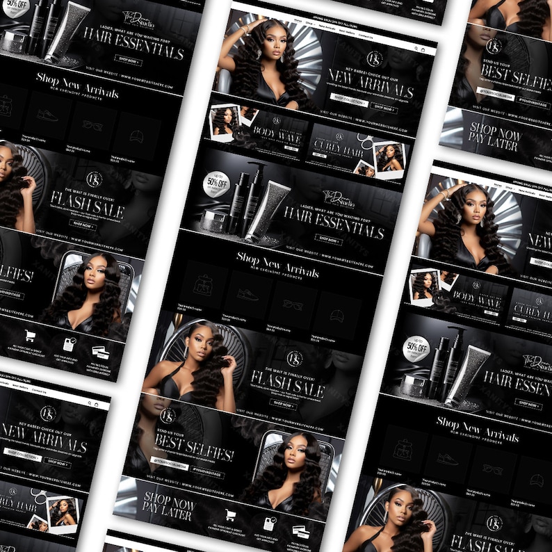May include: A website homepage for a hair care company featuring a black and white color scheme. The website features images of women with long, curly hair, and products such as hair extensions, hair care products, and hair tools. The website also features text such as "Hair Essentials", "Shop New Arrivals", and "Flash Sale".