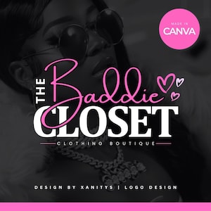 May include: The Baddie Closet clothing boutique logo features a pink script font with the words "The Baddie Closet" and two pink hearts. The text "Clothing Boutique" is in white below the script font. The logo is set against a black and white background.