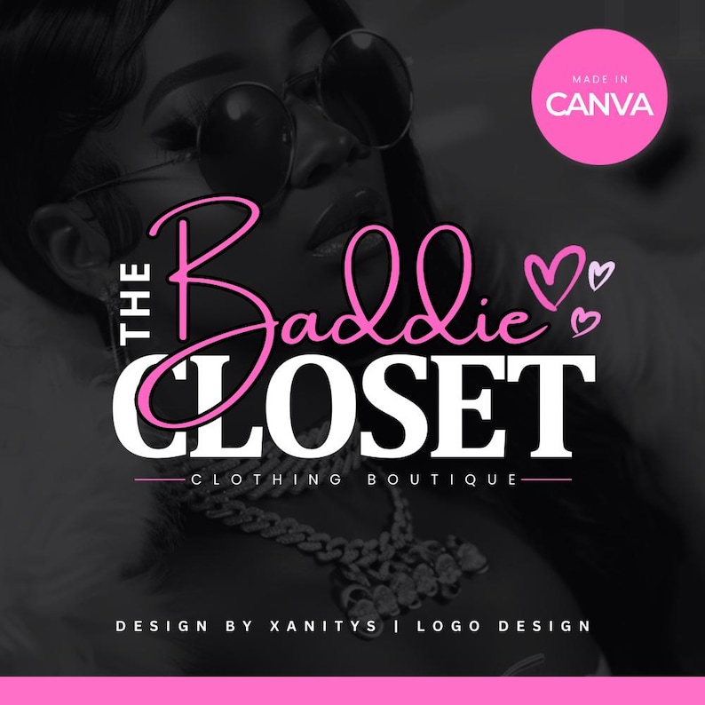 May include: The Baddie Closet clothing boutique logo features a pink script font with the words "The Baddie Closet" and two pink hearts. The text "Clothing Boutique" is in white below the script font. The logo is set against a black and white background.