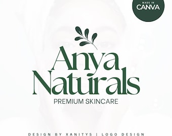 Puede incluir: Logotipo de Anya Naturals con un diseño de rama de hojas verdes. El texto está en una fuente serif y dice "Anya Naturals" con el lema "Premium Skincare" debajo. El logotipo está sobre un fondo blanco con un círculo verde en la esquina superior derecha que dice "Made in Canva".