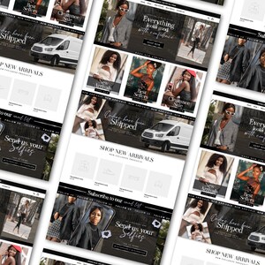 May include: A website homepage for an online clothing store showcasing a range of women's clothing, including dresses, tops, and jumpers. The website also encourages visitors to shop new arrivals and sign up for the email list.