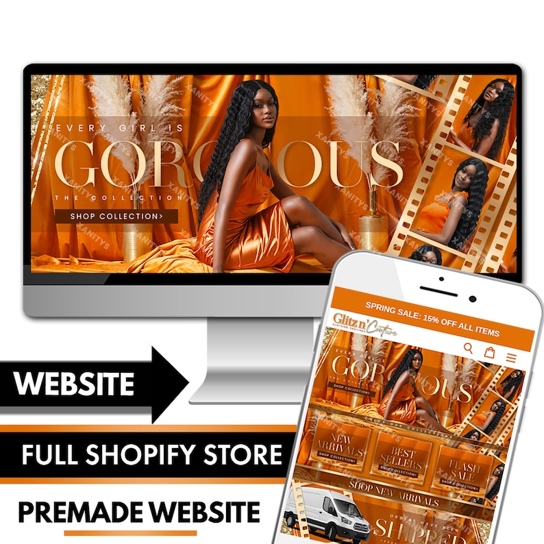 Orange-themed Shopify Store Website Design for a clothing business type. Includes 4 website banners (1 main banner, 2 medium narrow banners, and a Send Us Your Selfies banner) towards the bottom.