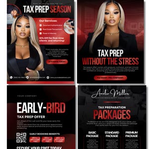 May include: Four promotional flyers for tax preparation services. The flyers feature a woman with blonde hair and text such as "Tax Prep Season" and "Early Bird Tax Prep Offer." Services include document authentication and real estate transactions.